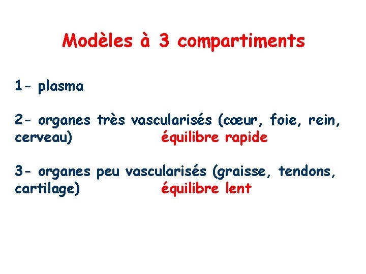 Modèles à 3 compartiments 1 - plasma 2 - organes très vascularisés (cœur, foie,