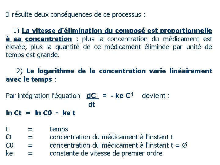 Il résulte deux conséquences de ce processus : 1) La vitesse d'élimination du composé