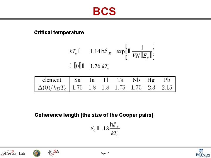 BCS Critical temperature Coherence length (the size of the Cooper pairs) Page 57 