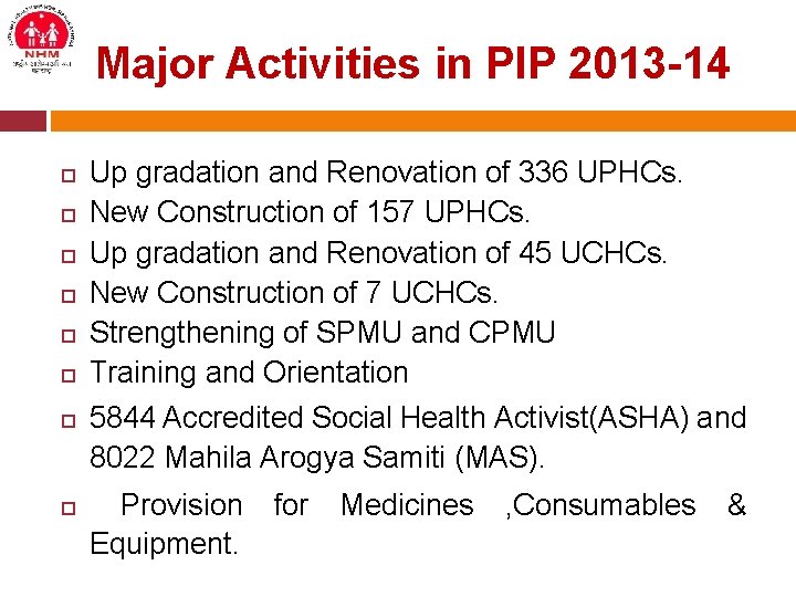 Major Activities in PIP 2013 -14 Up gradation and Renovation of 336 UPHCs. New