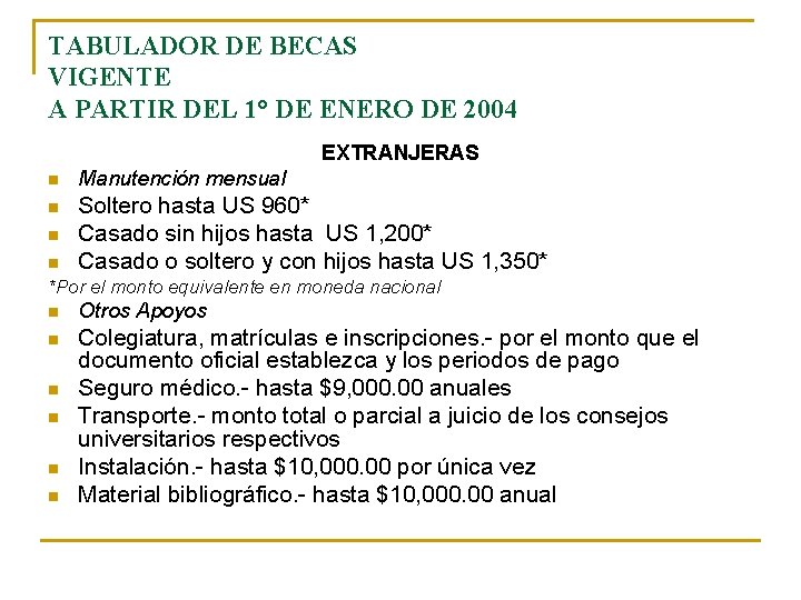 TABULADOR DE BECAS VIGENTE A PARTIR DEL 1° DE ENERO DE 2004 EXTRANJERAS n