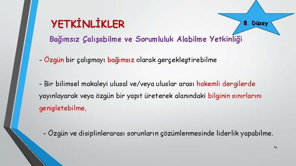 YETKİNLİKLER 8. Düzey Bağımsız Çalışabilme ve Sorumluluk Alabilme Yetkinliği - Özgün bir çalışmayı bağımsız