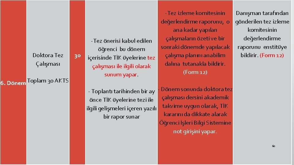 Doktora Tez Çalışması 6. Dönem Toplam 30 AKTS -Tez izleme komitesinin Danışman tarafından değerlendirme