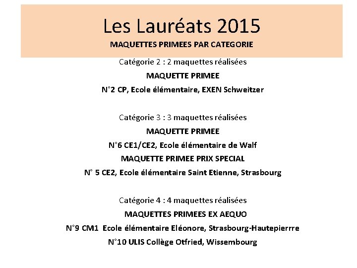 Les Lauréats 2015 MAQUETTES PRIMEES PAR CATEGORIE Catégorie 2 : 2 maquettes réalisées MAQUETTE