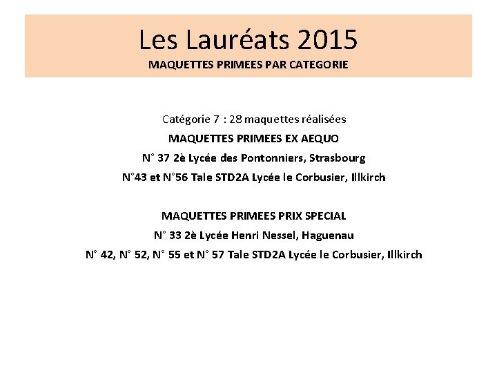 Les Lauréats 2015 MAQUETTES PRIMEES PAR CATEGORIE Catégorie 7 : 28 maquettes réalisées MAQUETTES