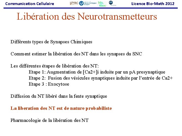 Communication Cellulaire Licence Bio-Math 2012 Libération des Neurotransmetteurs Différents types de Synapses Chimiques Comment