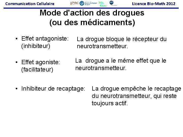 Communication Cellulaire Licence Bio-Math 2012 Mode d'action des drogues (ou des médicaments) • Effet