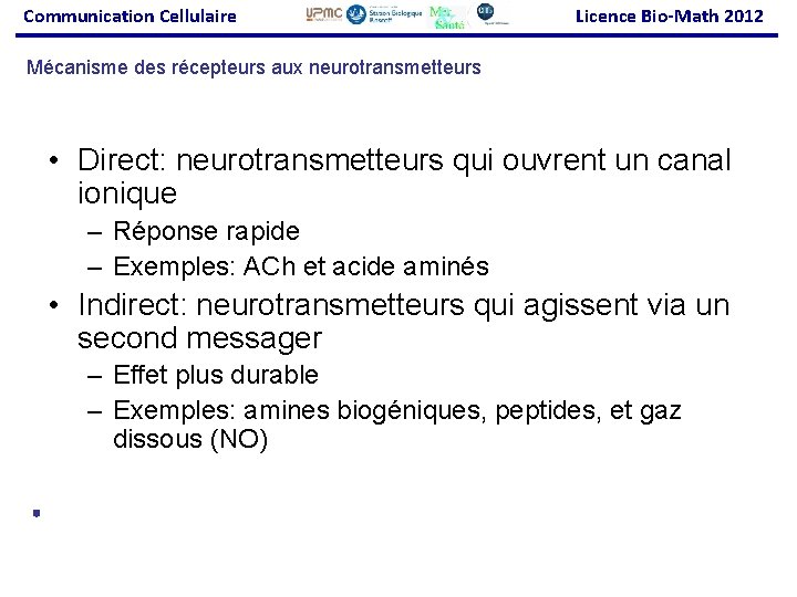 Communication Cellulaire Licence Bio-Math 2012 Mécanisme des récepteurs aux neurotransmetteurs • Direct: neurotransmetteurs qui