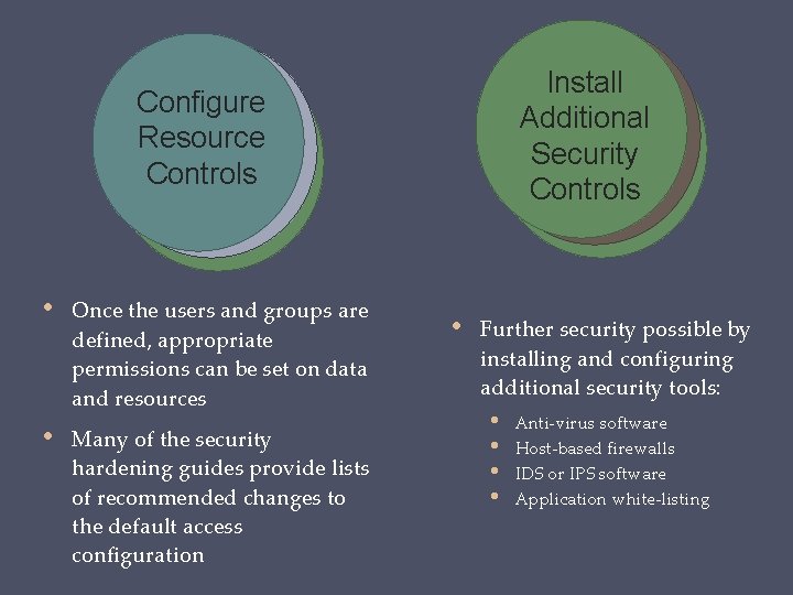 Install Additional Security Controls Configure Resource Controls • • Once the users and groups