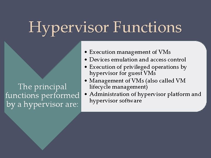 Hypervisor Functions The principal functions performed by a hypervisor are: • Execution management of