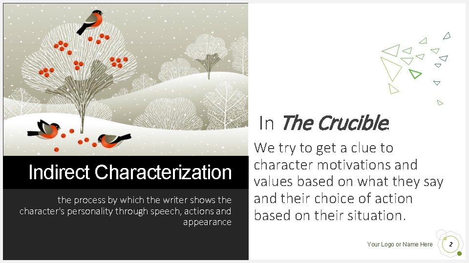 In The Crucible: Indirect Characterization the process by which the writer shows the character's