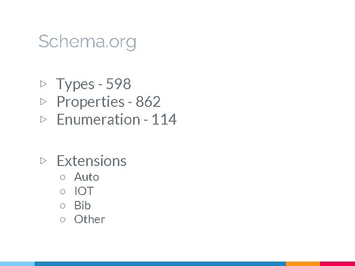 Schema. org ▷ Types - 598 ▷ Properties - 862 ▷ Enumeration - 114