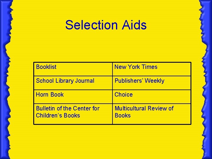 Selection Aids Booklist New York Times School Library Journal Publishers’ Weekly Horn Book Choice