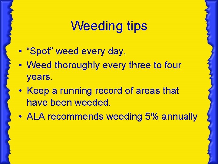 Weeding tips • “Spot” weed every day. • Weed thoroughly every three to four