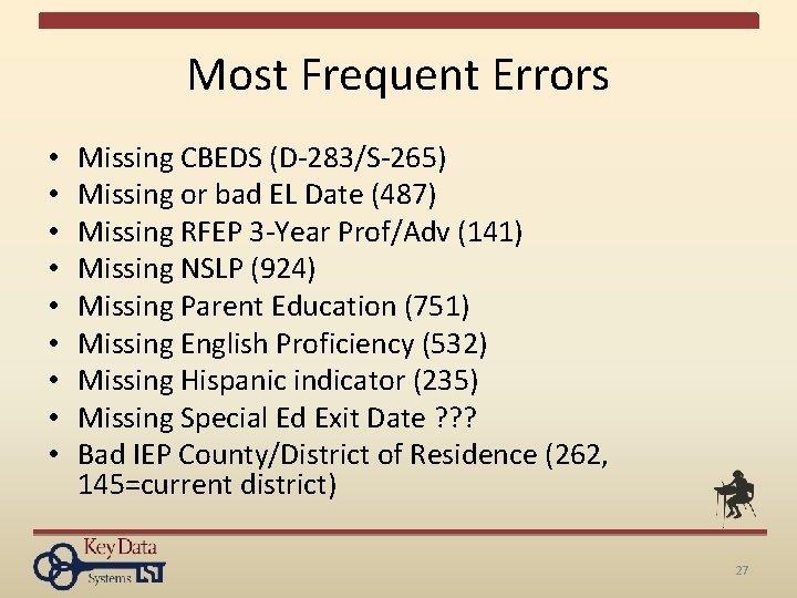 Most Frequent Errors • • • Missing CBEDS (D-283/S-265) Missing or bad EL Date Most Frequent Errors • • • Missing CBEDS (D-283/S-265) Missing or bad EL Date
