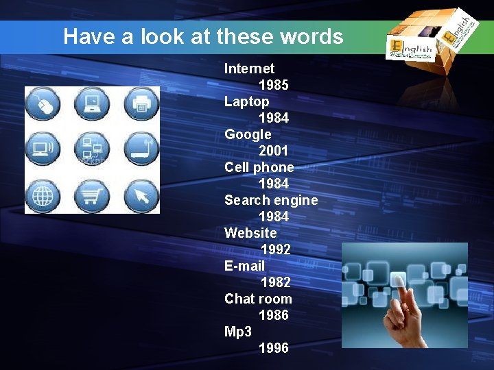 Have a look at these words Internet 1985 Laptop 1984 Google 2001 Cell phone