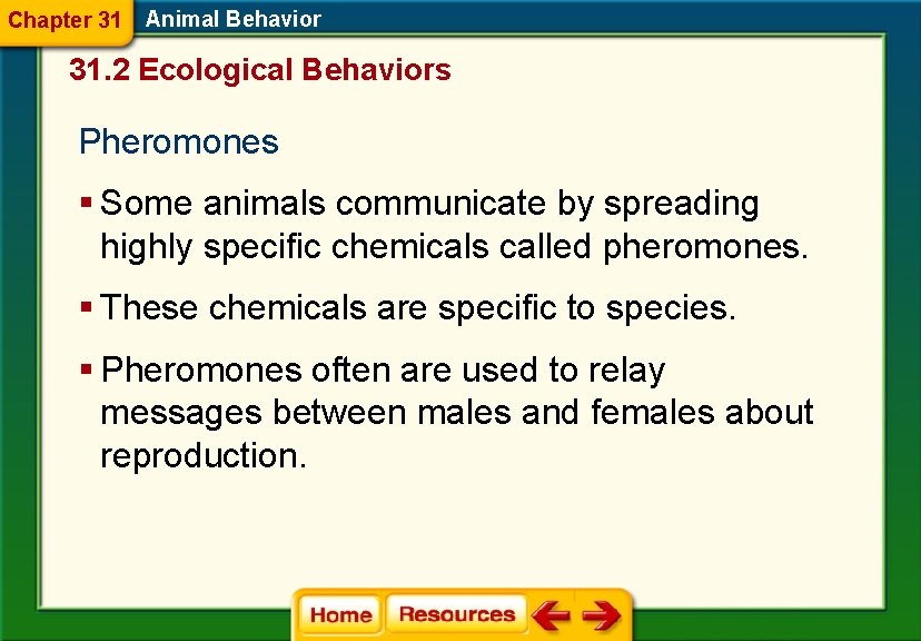 Chapter 31 Animal Behavior 31. 2 Ecological Behaviors Pheromones § Some animals communicate by