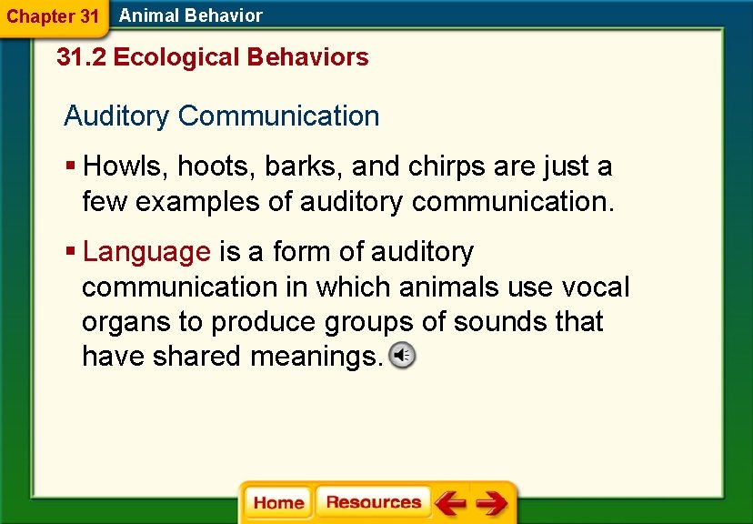 Chapter 31 Animal Behavior 31. 2 Ecological Behaviors Auditory Communication § Howls, hoots, barks,