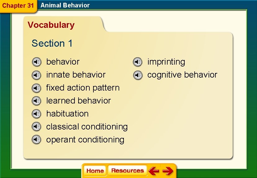 Chapter 31 Animal Behavior Vocabulary Section 1 behavior imprinting innate behavior fixed action pattern