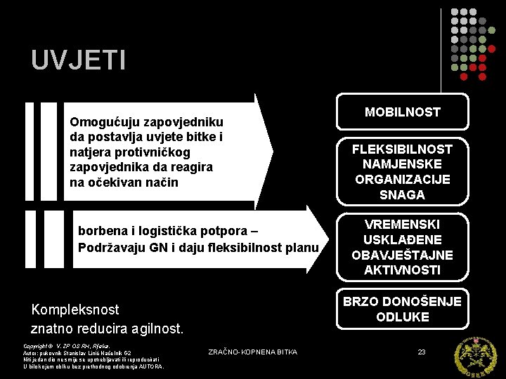 UVJETI Omogućuju zapovjedniku da postavlja uvjete bitke i natjera protivničkog zapovjednika da reagira na