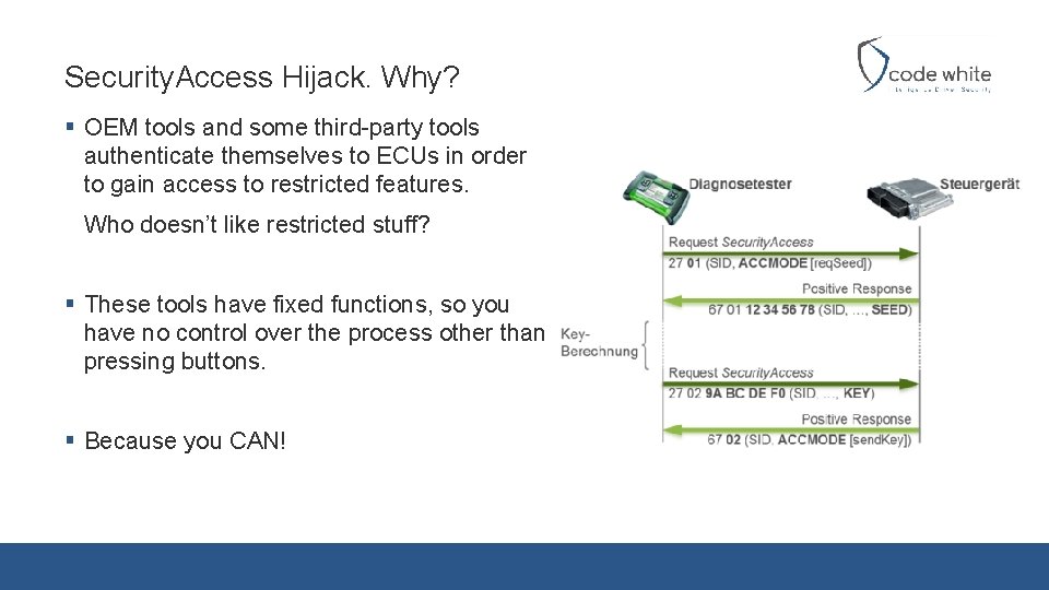 Security. Access Hijack. Why? § OEM tools and some third-party tools authenticate themselves to