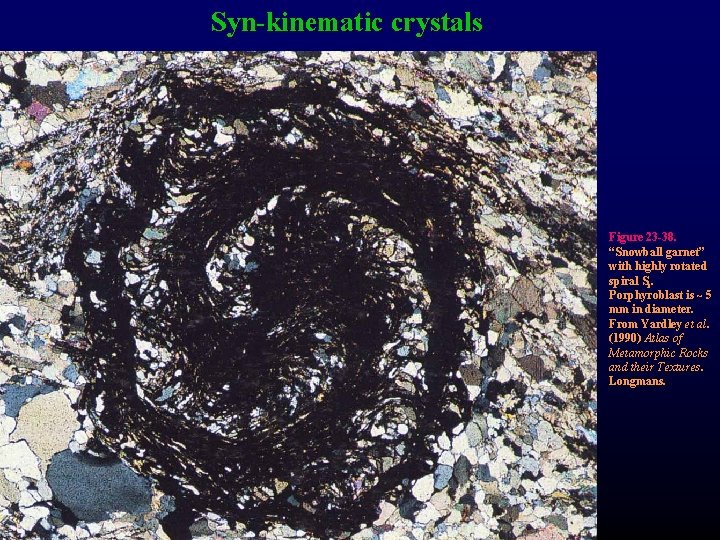 Syn-kinematic crystals Figure 23 -38. “Snowball garnet” with highly rotated spiral Si. Porphyroblast is