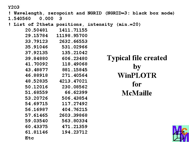 Y 2 O 3 ! Wavelength, zeropoint and NGRID (NGRID=3: black box mode) 1.