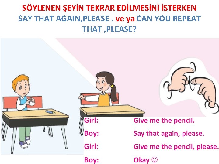 SÖYLENEN ŞEYİN TEKRAR EDİLMESİNİ İSTERKEN SAY THAT AGAIN, PLEASE. ve ya CAN YOU REPEAT