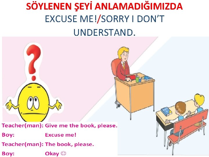 SÖYLENEN ŞEYİ ANLAMADIĞIMIZDA EXCUSE ME!/SORRY I DON’T UNDERSTAND. 