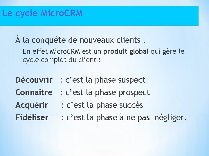 Le cycle Micro. CRM À la conquête de nouveaux clients. En effet Micro. CRM