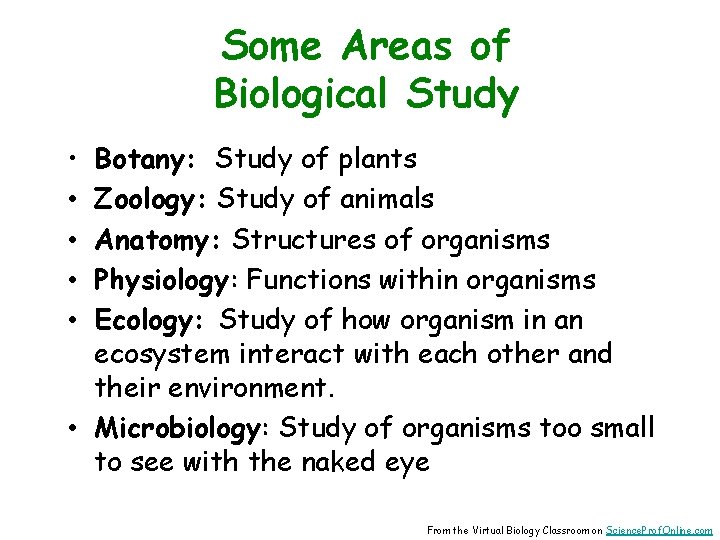 Some Areas of Biological Study • • • Botany: Study of plants Zoology: Study
