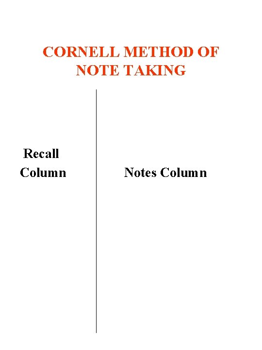 CORNELL METHOD OF NOTE TAKING Recall Column Notes Column 