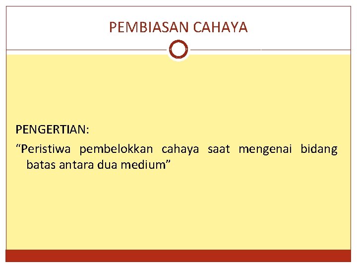 PEMBIASAN CAHAYA PENGERTIAN: “Peristiwa pembelokkan cahaya saat mengenai bidang batas antara dua medium” 