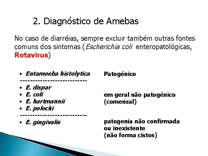2. Diagnóstico de Amebas No caso de diarréias, sempre excluir também outras fontes comuns