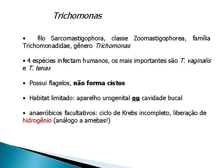 Trichomonas • filo Sarcomastigophora, classe Zoomastigophorea, família Trichomonadidae, gênero Trichomonas • 4 espécies infectam