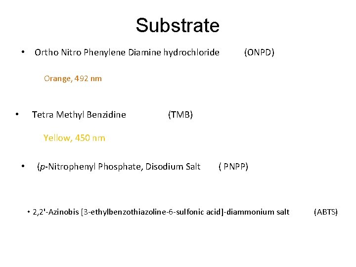 Substrate • Ortho Nitro Phenylene Diamine hydrochloride (ONPD) Orange, 492 nm Tetra Methyl Benzidine