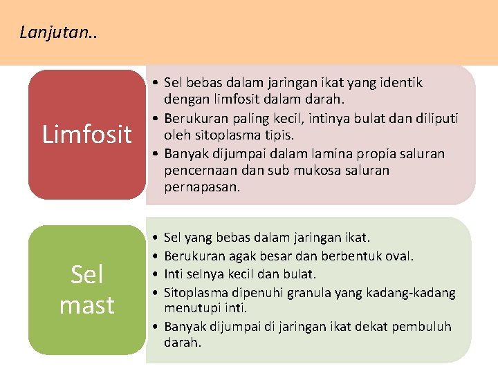 Lanjutan. . Limfosit Sel mast • Sel bebas dalam jaringan ikat yang identik dengan