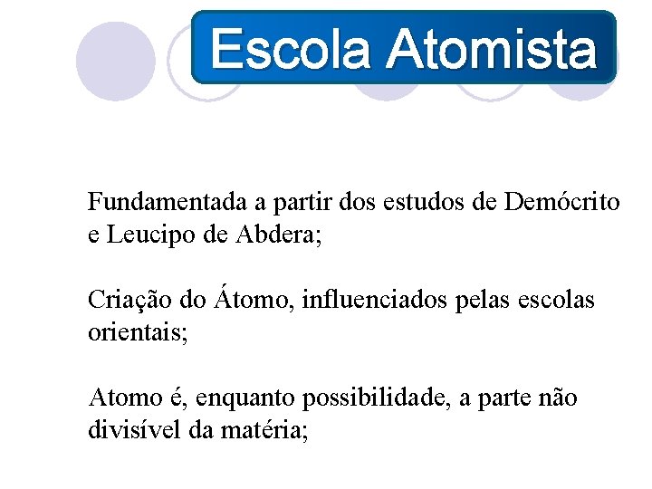 Escola Atomista Fundamentada a partir dos estudos de Demócrito e Leucipo de Abdera; Criação