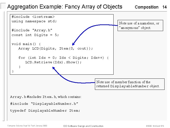 Aggregation Example: Fancy Array of Objects #include <iostream> using namespace std; Composition 14 Note Aggregation Example: Fancy Array of Objects #include <iostream> using namespace std; Composition 14 Note