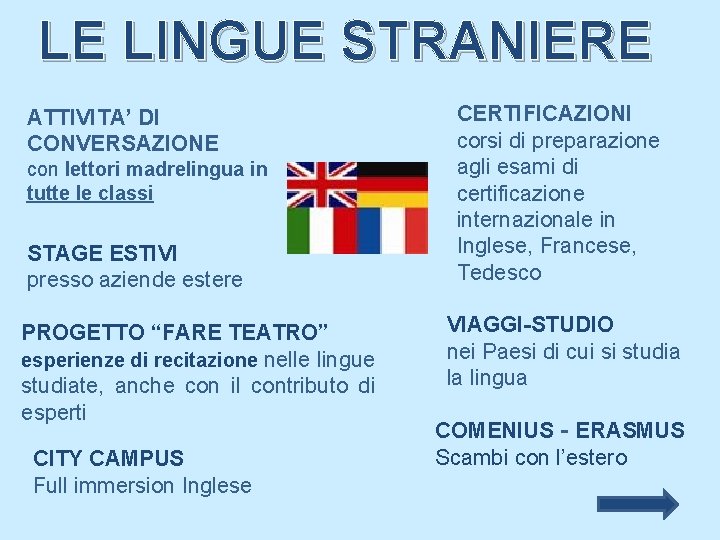 LE LINGUE STRANIERE ATTIVITA’ DI CONVERSAZIONE con lettori madrelingua in tutte le classi STAGE