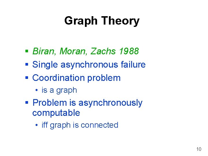 Graph Theory § Biran, Moran, Zachs 1988 § Single asynchronous failure § Coordination problem