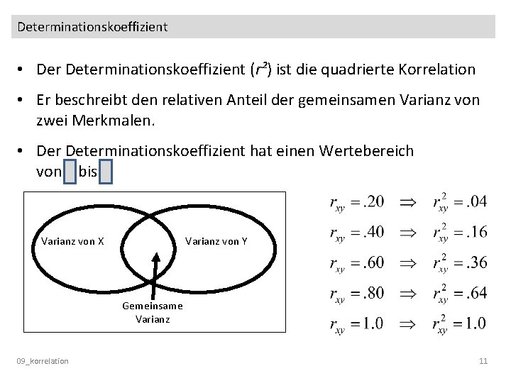 Determinationskoeffizient • Der Determinationskoeffizient (r²) ist die quadrierte Korrelation • Er beschreibt den relativen