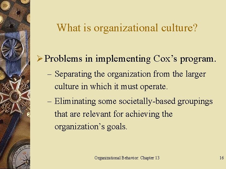 What is organizational culture? Ø Problems in implementing Cox’s program. – Separating the organization