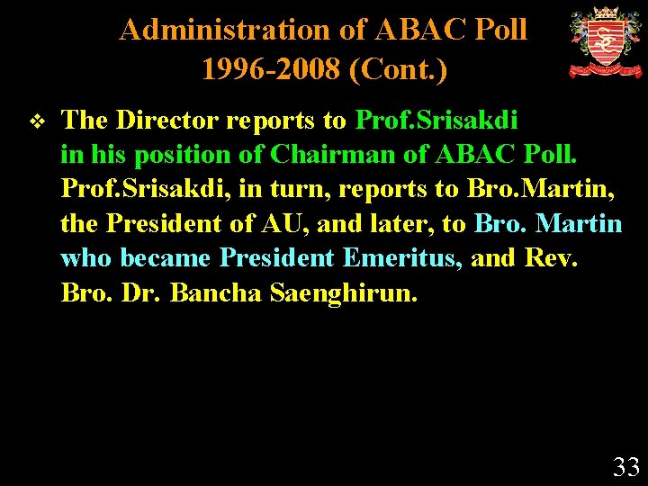 Administration of ABAC Poll 1996 -2008 (Cont. ) v The Director reports to Prof.