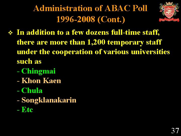 Administration of ABAC Poll 1996 -2008 (Cont. ) v In addition to a few