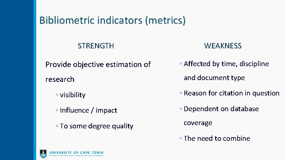 Bibliometric indicators (metrics) STRENGTH WEAKNESS Provide objective estimation of ◦ Affected by time, discipline