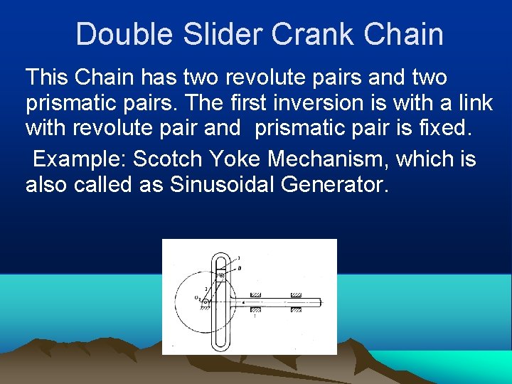 Double Slider Crank Chain This Chain has two revolute pairs and two prismatic pairs.