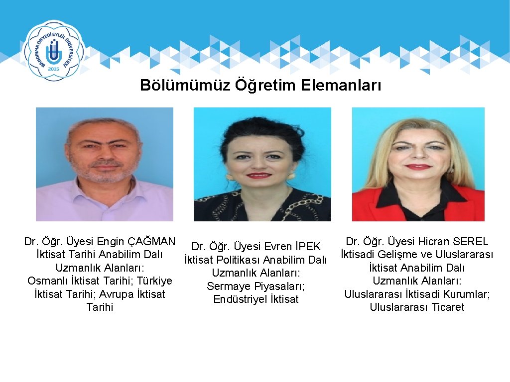 Bölümümüz Öğretim Elemanları Dr. Öğr. Üyesi Engin ÇAĞMAN Dr. Öğr. Üyesi Evren İPEK İktisat