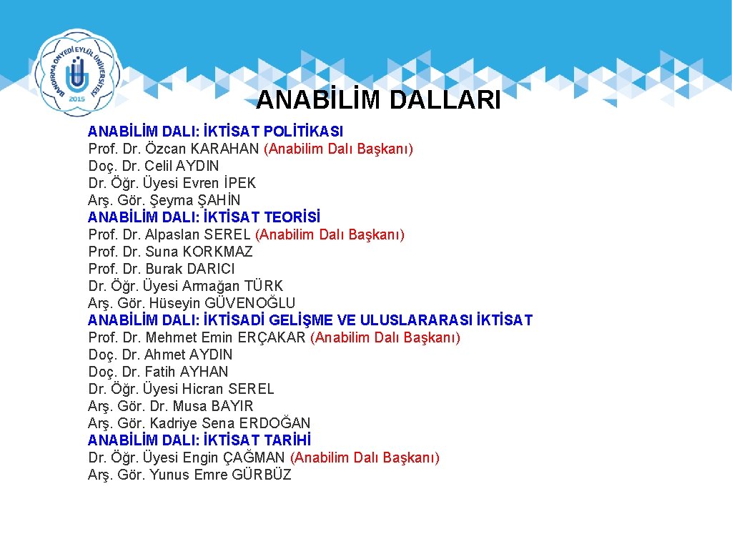 ANABİLİM DALLARI ANABİLİM DALI: İKTİSAT POLİTİKASI Prof. Dr. Özcan KARAHAN (Anabilim Dalı Başkanı) Doç.