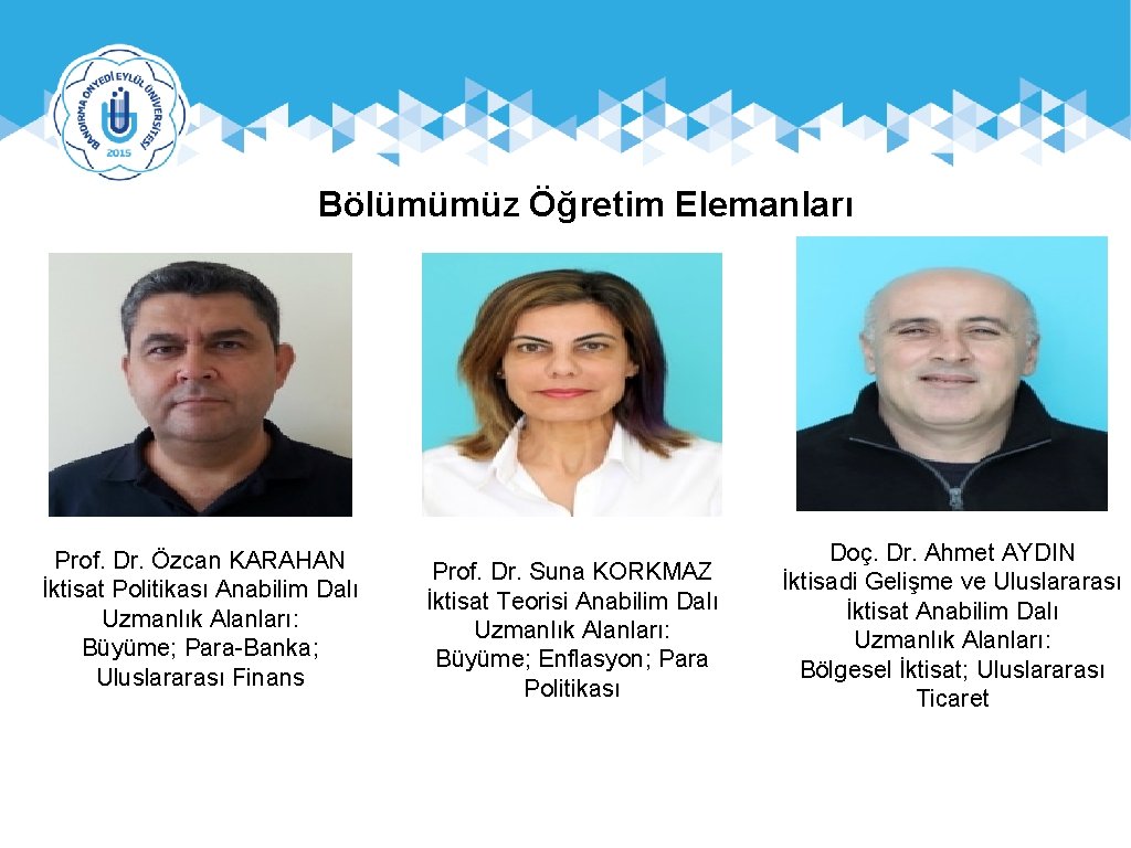 Bölümümüz Öğretim Elemanları Prof. Dr. Özcan KARAHAN İktisat Politikası Anabilim Dalı Uzmanlık Alanları: Büyüme;